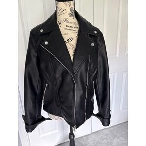 Express Black Faux Leather Moto Jacket Asymmetrical Zip Silver Hardware Size M